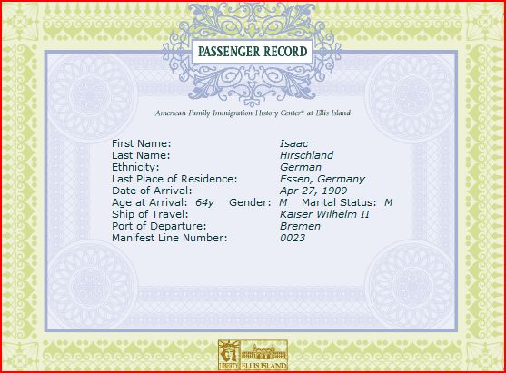 isac hirschland ellis island 1909