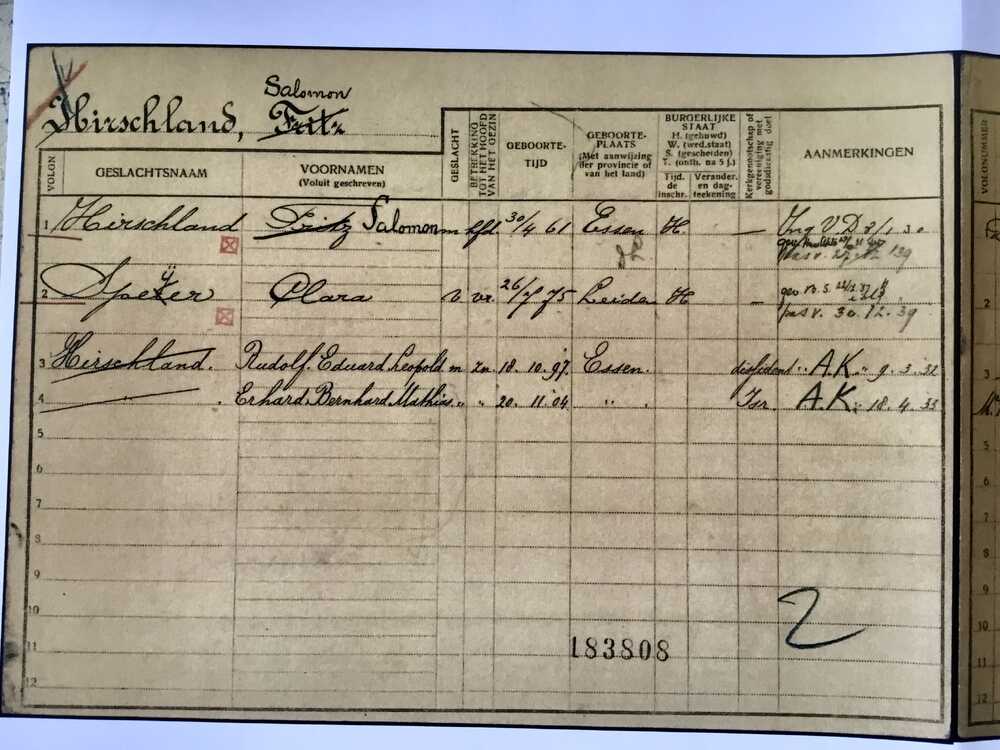 The Hague population register card for Salomon and Clara Hirschland and their sons Rudolf and Erhard