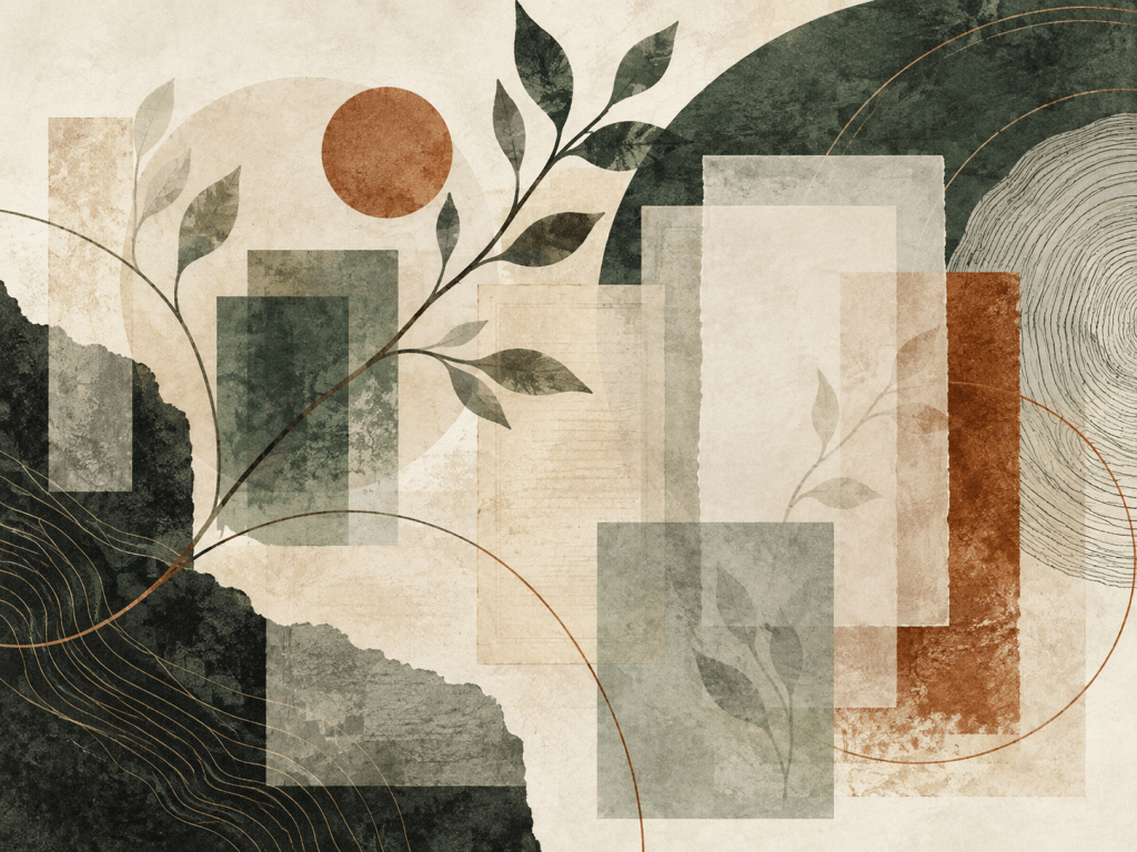 Abstract contemporary collage of layered archival forms, leaves, and contour lines